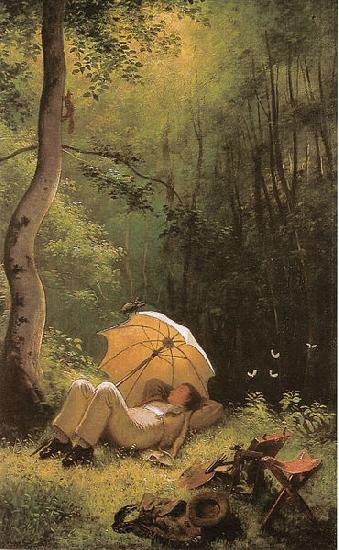 Carl Spitzweg Der Maler auf einer Waldlichtung, unter einem Schirm liegend Germany oil painting art